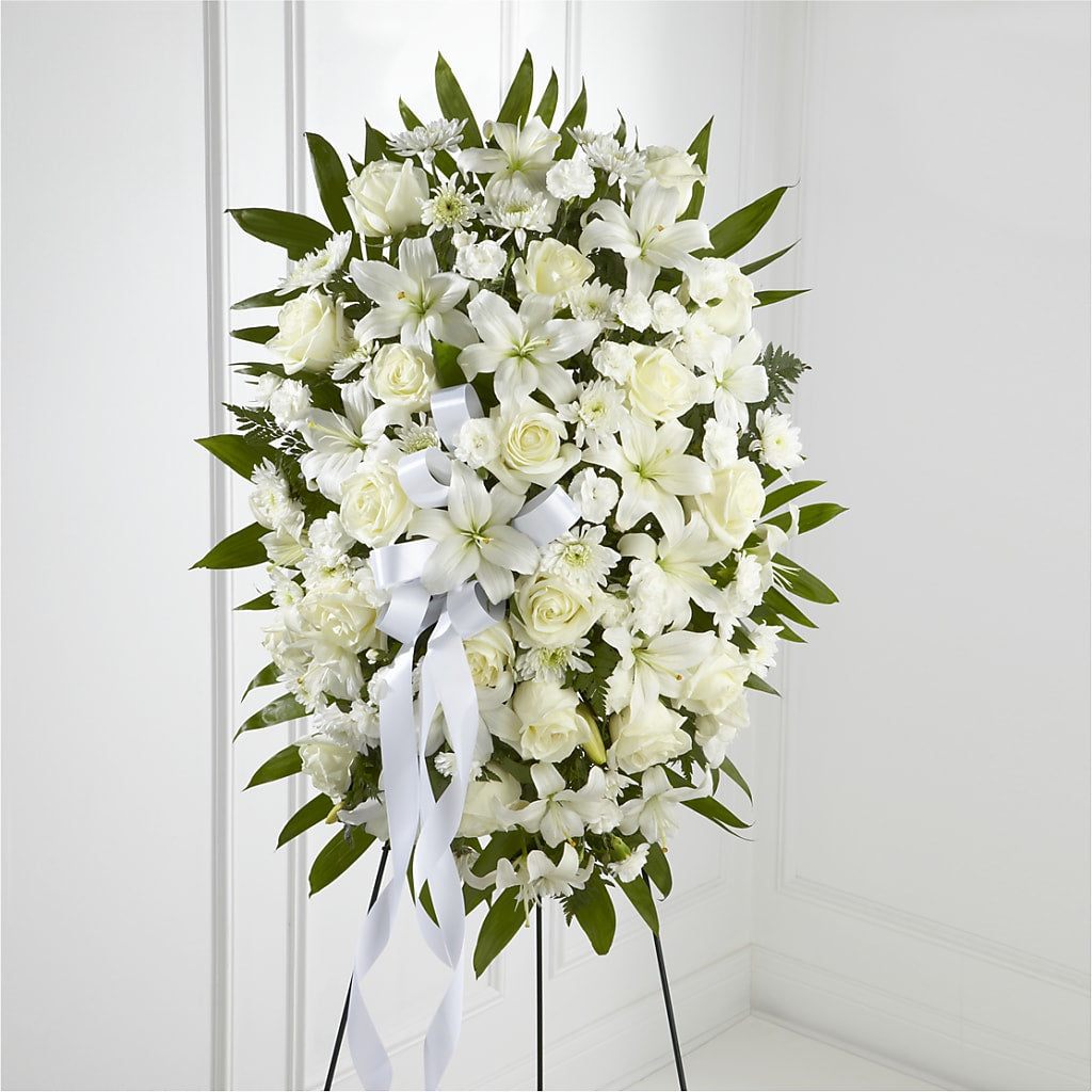 Exquisite Tribute Standing Spray-White Ribbon – Windsor Florist Inc., The, New York NY